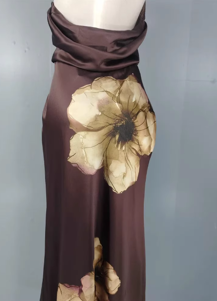 Vintage Elegant Dark Brown Printed Halter Neck Open Back Satin Long Formal Prom Dresses
