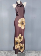 Vintage Elegant Dark Brown Printed Halter Neck Open Back Satin Long Formal Prom Dresses
