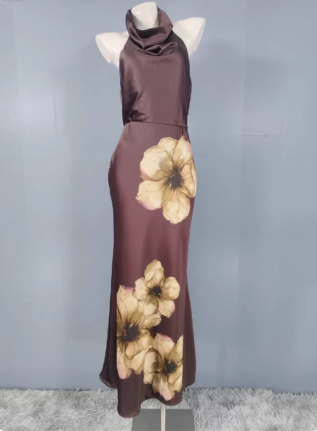 Vintage Elegant Dark Brown Printed Halter Neck Open Back Satin Long Formal Prom Dresses