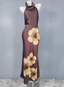 Vintage Elegant Dark Brown Printed Halter Neck Open Back Satin Long Formal Prom Dresses