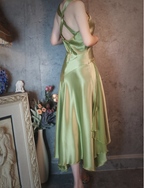 Vintage Elegant Green Deep V-Neck Satin Formal Prom Dresses