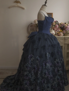 Vintage Elegant Navy Blue Bow Embroidered Train Tulle Ball Gown Prom Dresses Sweet 16 Dresses