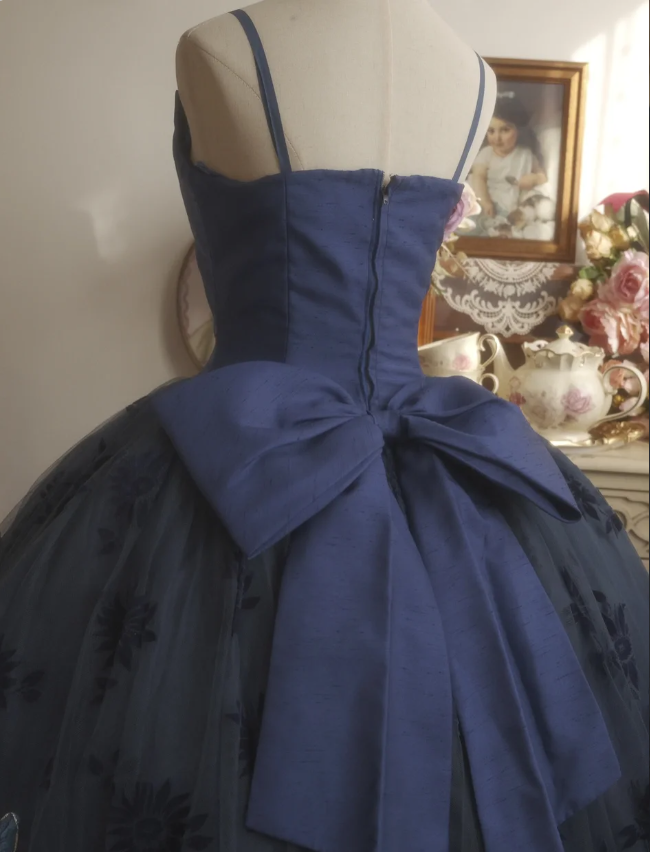 Vintage Elegant Navy Blue Bow Embroidered Train Tulle Ball Gown Prom Dresses Sweet 16 Dresses