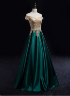 Vintage Emerald Green A-Line Off-The-Shoulder Lace Satin Long Formal Prom Dresses