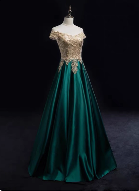 Vintage Emerald Green A-Line Off-The-Shoulder Lace Satin Long Formal Prom Dresses