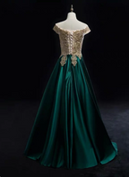 Vintage Emerald Green A-Line Off-The-Shoulder Lace Satin Long Formal Prom Dresses