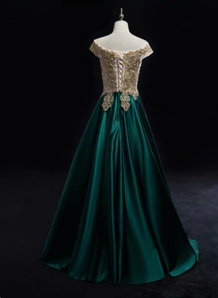 Vintage Emerald Green A-Line Off-The-Shoulder Lace Satin Long Formal Prom Dresses