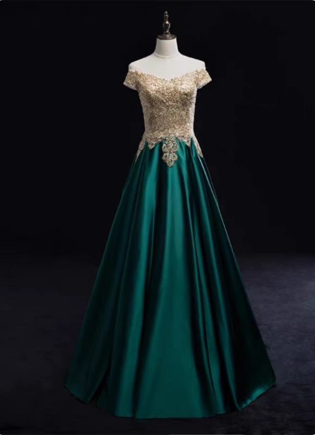 Vintage Emerald Green A-Line Off-The-Shoulder Lace Satin Long Formal Prom Dresses Main image