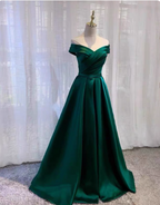 Vintage Emerald Green A-Line Off-The-Shoulder Satin Long Formal Prom Dresses