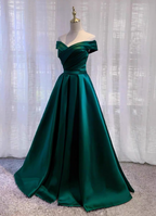 Vintage Emerald Green A-Line Off-The-Shoulder Satin Long Formal Prom Dresses