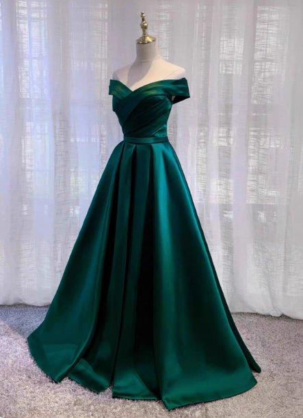 Vintage Emerald Green A-Line Off-The-Shoulder Satin Long Formal Prom Dresses