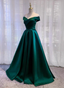 Vintage Emerald Green A-Line Off-The-Shoulder Satin Long Formal Prom Dresses
