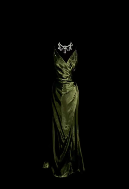 Vintage Emerald Green V-Neck Ruffled Satin Long Formal Prom Dresses Main image