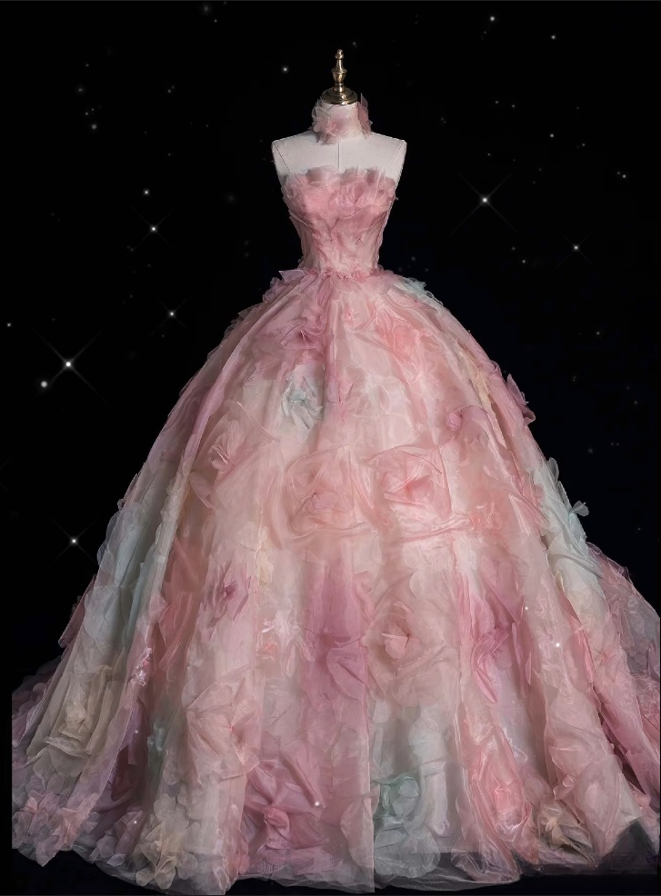 Vintage Fashion Ball Gown Strapless Pink Floral Floor Length Formal Evening Dresses Formal Prom Dresses Main image