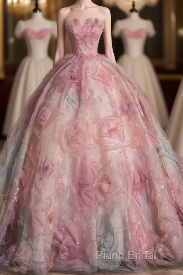 Vintage Fashion Ball Gown Strapless Pink Floral Floor Length Formal Dresses Formal Prom Dresses Main image