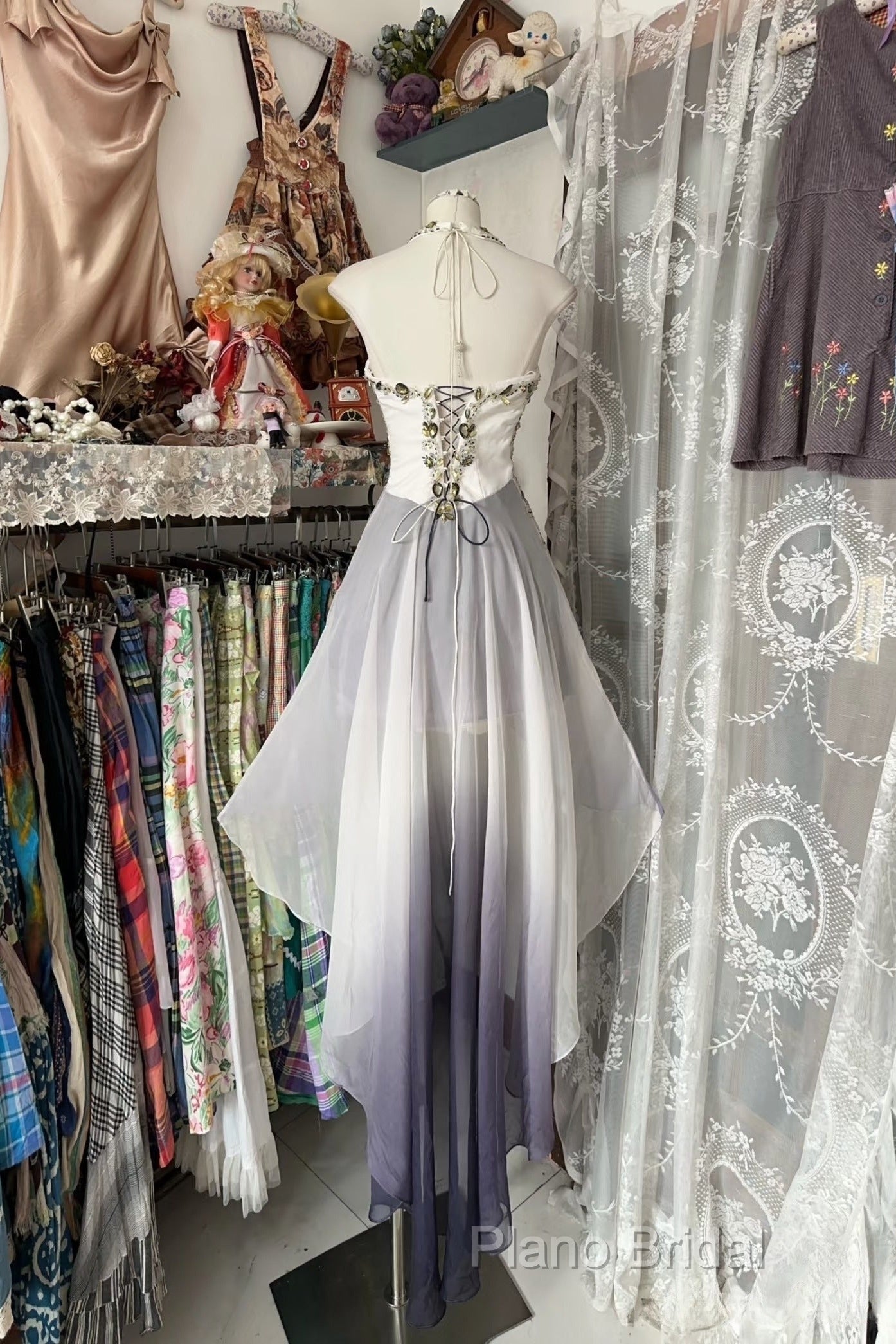 Vintage Fashion High Low Halter Ombre Gray Chiffon Formal Dresses Formal Prom Dresses
