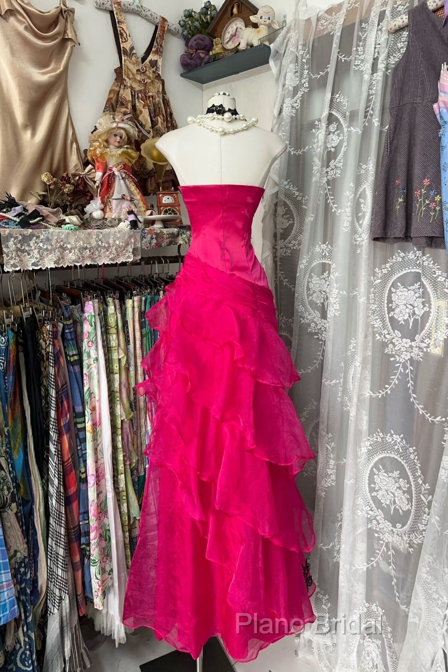 Vintage Fashion Mermaid Strapless Hot Pink Floor Length Formal Dresses Formal Prom Dresses Secondary image