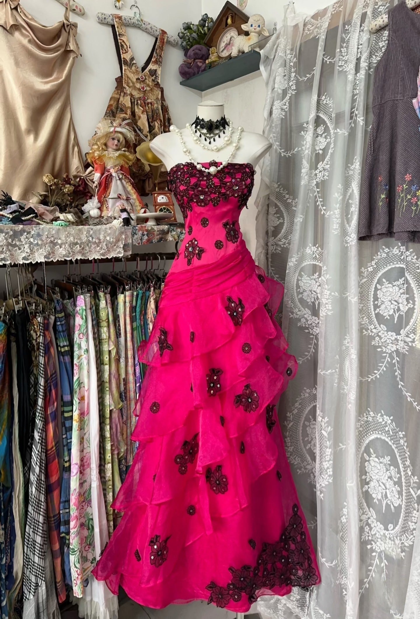 Vintage Fashion Mermaid Strapless Hot Pink Floor Length Formal Evening Dresses Formal Prom Dresses Main image