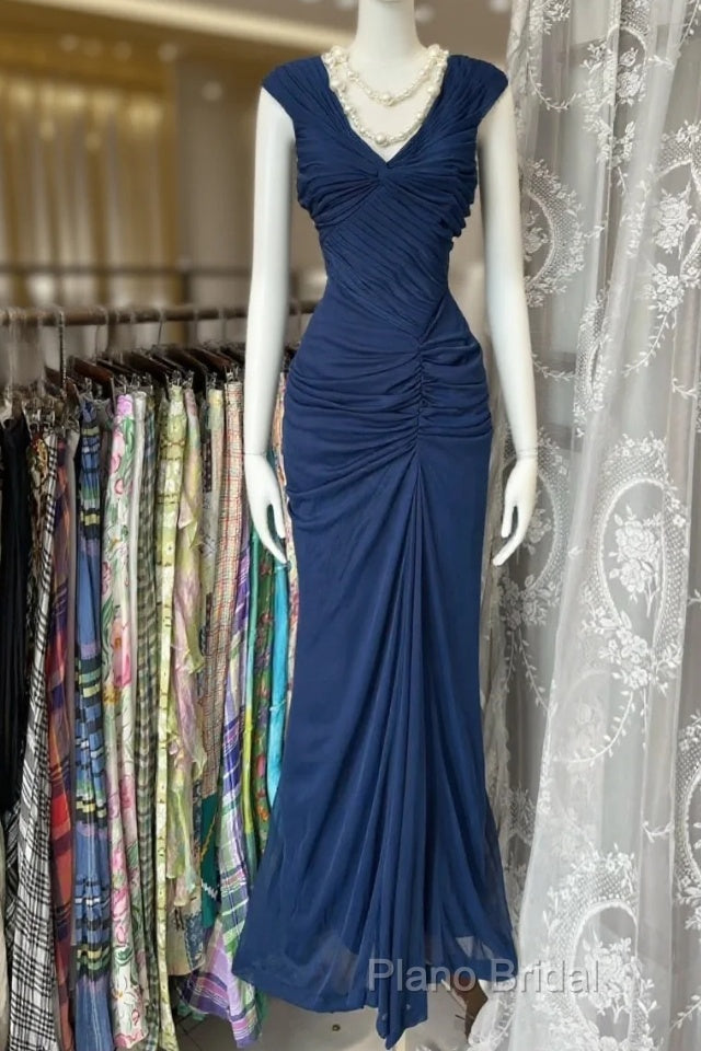 Vintage Fashion Mermaid V Neckline Navy Blue Floor Length Formal Dresses Formal Prom Dresses Main image