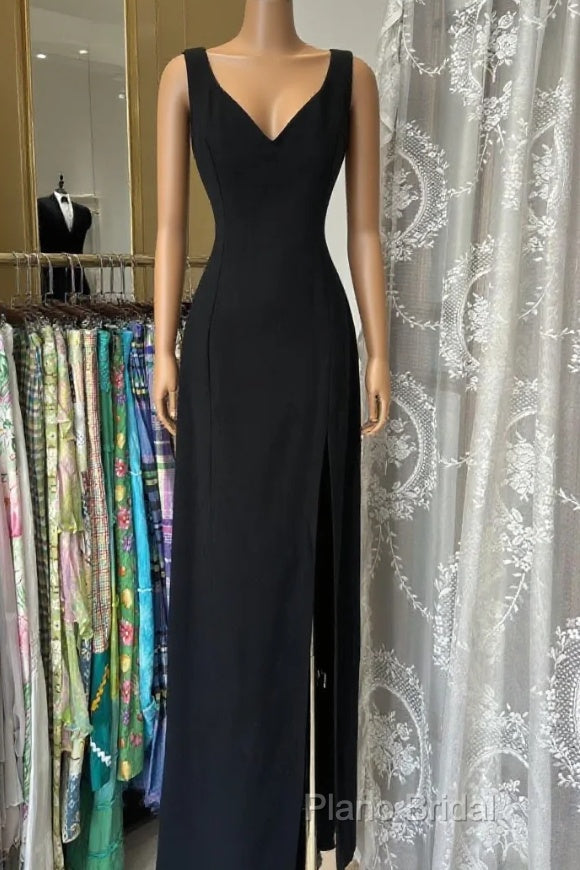 Vintage Fashion Sheath Straps Black Slit Floor Length Formal Dresses Formal Prom Dresses Main image