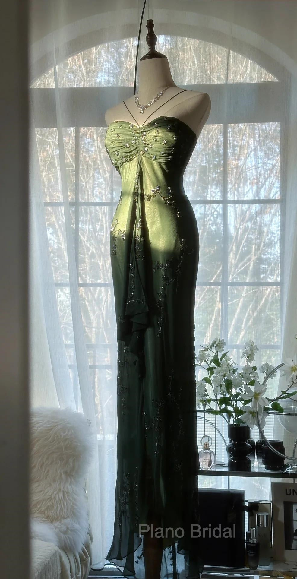 Vintage Forest Green Formal Prom Dresses For Party&Quinceanera-Elegant Spaghetti Straps Glitter Beaded Evening Gown