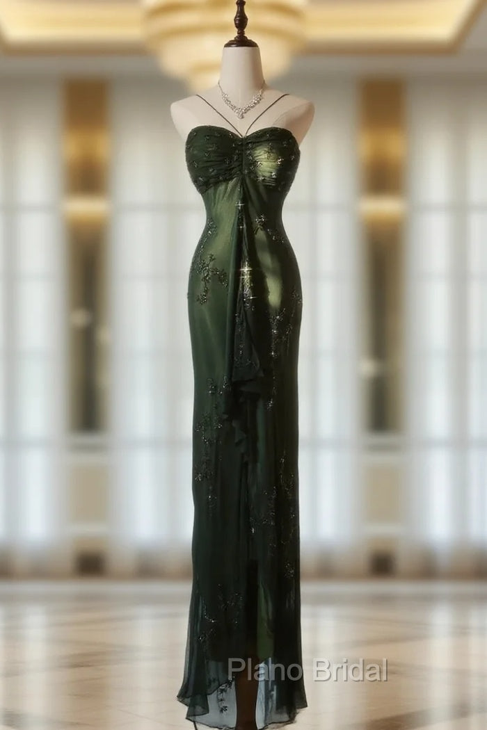 Vintage Forest Green Formal Prom Dresses For Party&Quinceanera-Elegant Spaghetti Straps Glitter Beaded Evening Gown Main image