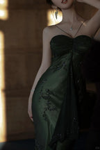 Vintagee??? Forest Green Spaghetti Straps Long Prom Dresses Glitter Chiffon Beaded Elegant Party Dresses