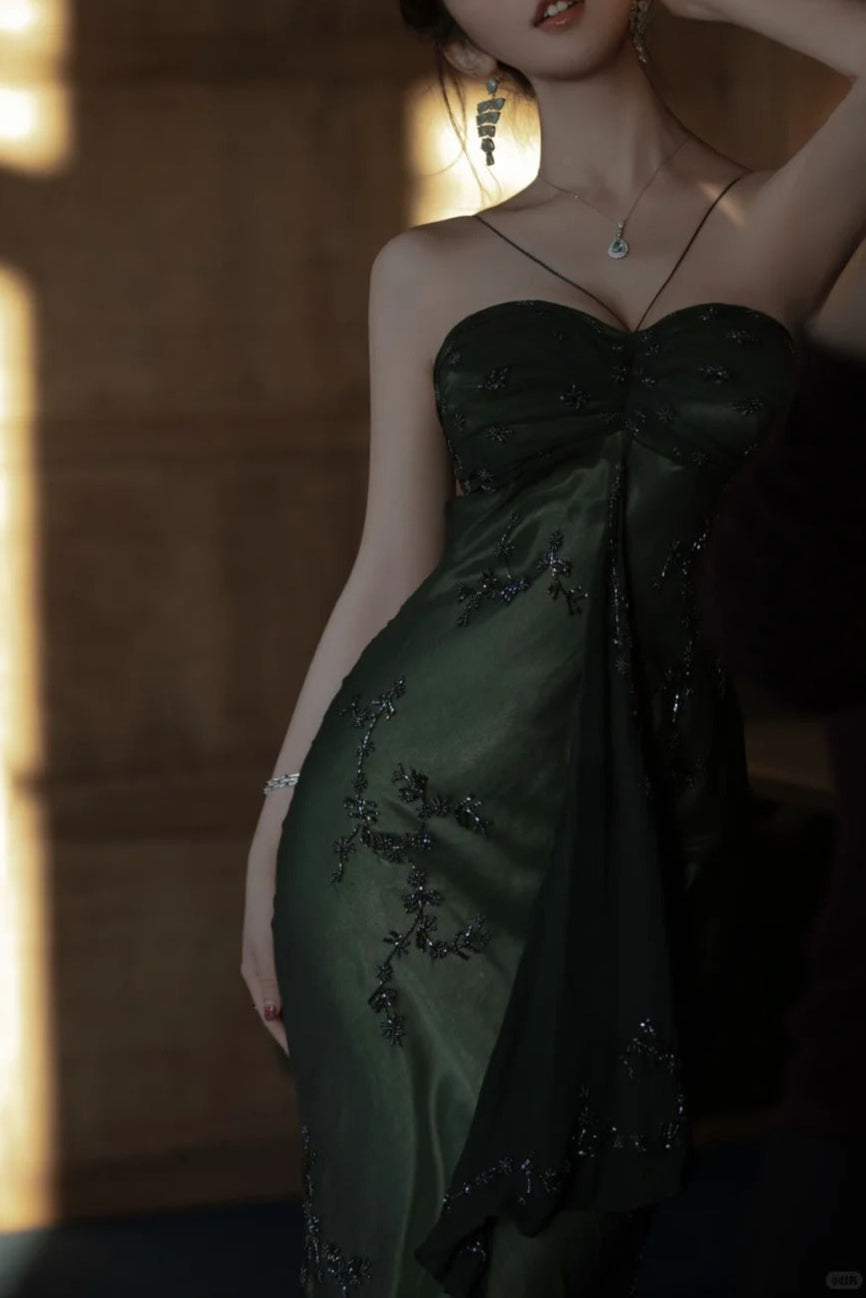 Vintagee??? Forest Green Spaghetti Straps Long Prom Dresses Glitter Chiffon Beaded Elegant Party Dresses