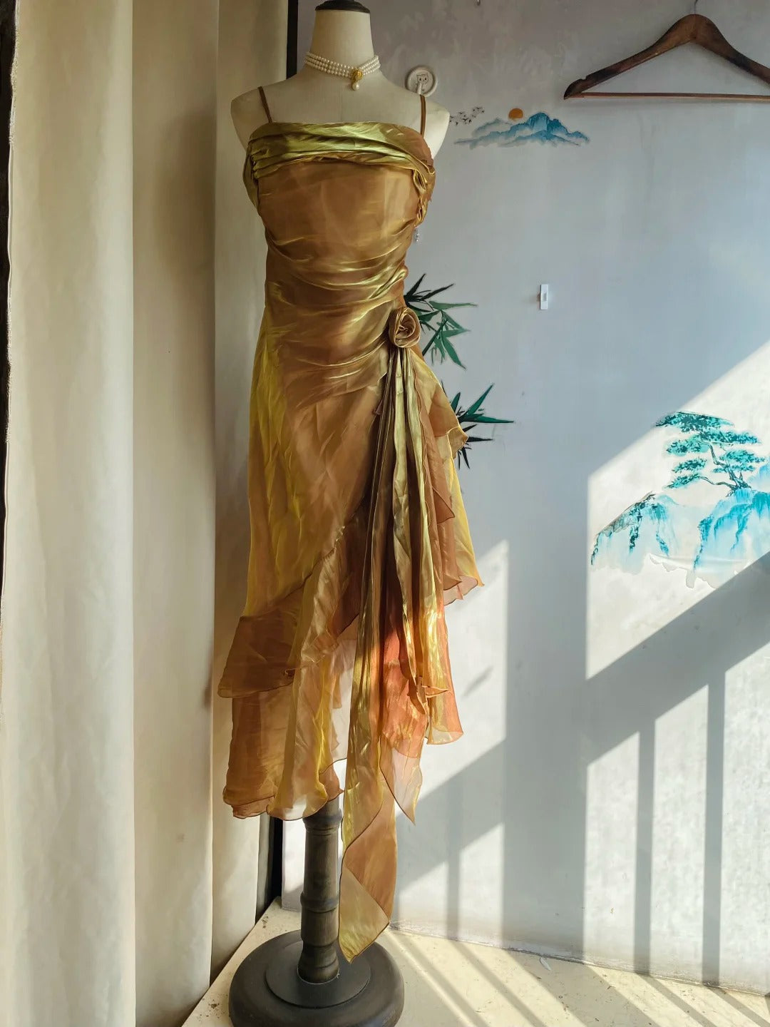 Vintage Gold-Brown Irregular Strap Pleated Satin Formal Prom Dresses