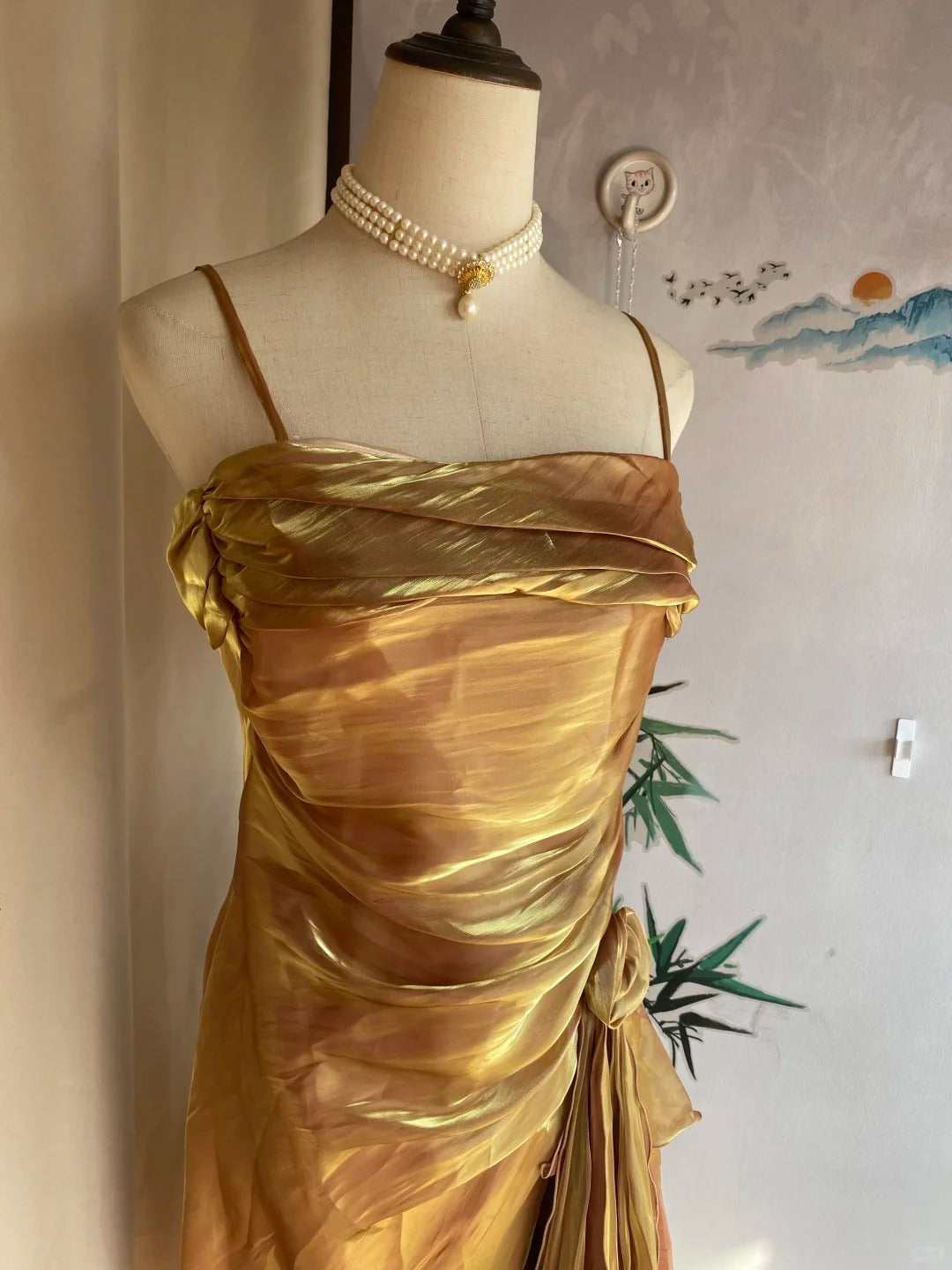 Vintage Gold-Brown Irregular Strap Pleated Satin Formal Prom Dresses