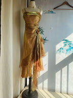 Vintage Gold-Brown Irregular Strap Pleated Satin Formal Prom Dresses