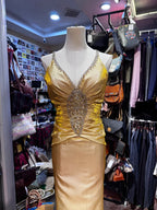 Vintage Gold Mermaid V-Neck Sequined Satin Long Formal Prom Dresses