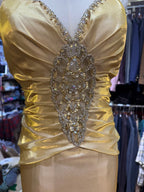 Vintage Gold Mermaid V-Neck Sequined Satin Long Formal Prom Dresses