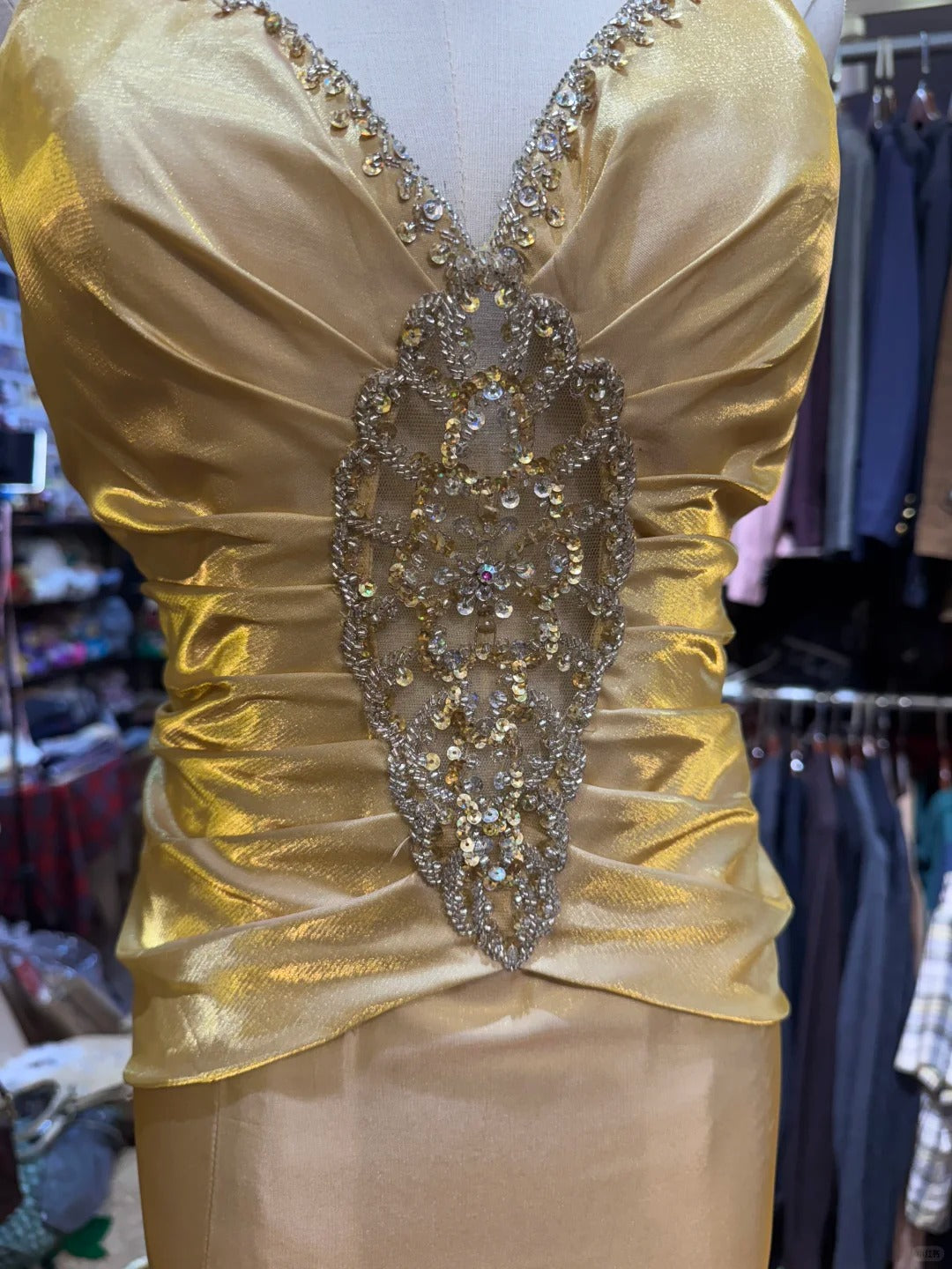 Vintage Gold Mermaid V-Neck Sequined Satin Long Formal Prom Dresses