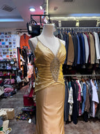 Vintage Gold Mermaid V-Neck Sequined Satin Long Formal Prom Dresses