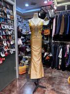 Vintage Gold Mermaid V-Neck Sequined Satin Long Formal Prom Dresses