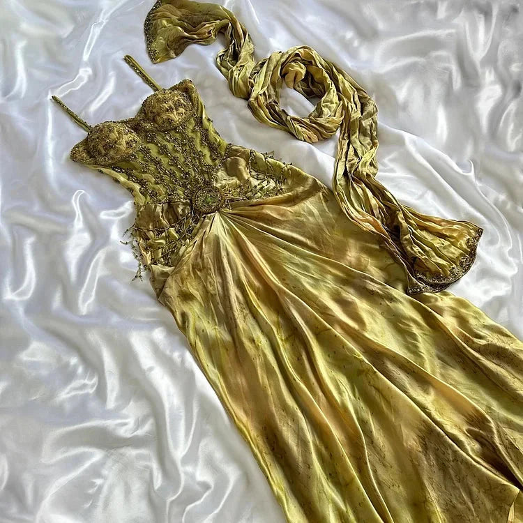 Vintage Gold Spaghetti Strap Silk Sheath Prom Dresses Beaded Evening Gowns With Scarf
