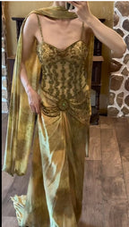 Vintage Gold Spaghetti Strap Silk Sheath Prom Dresses Beaded Evening Gowns With Scarf