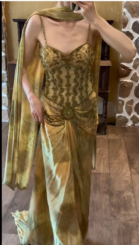 Vintage Gold Spaghetti Strap Silk Sheath Prom Dresses Beaded Evening Gowns With Scarf