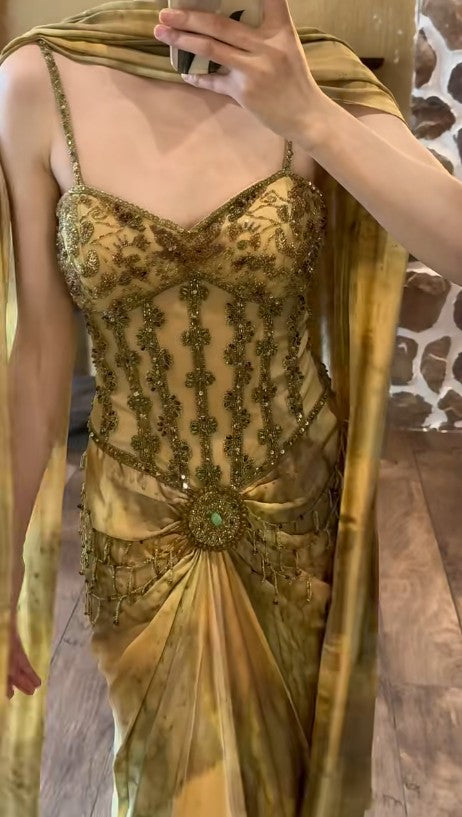 Vintage Gold Spaghetti Strap Silk Sheath Prom Dresses Beaded Evening Gowns With Scarf