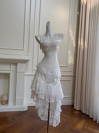 Vintage Gorgeous White Irregular Strap Pearl Lace Formal Prom Dresses Bridesmaid Dresses