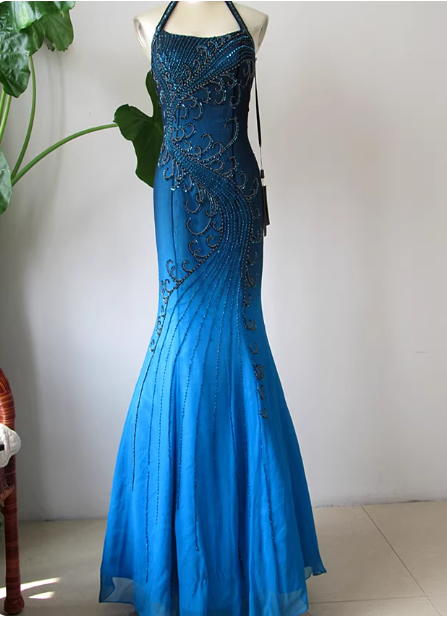 Vintage Gradient Blue Halter Mermaid Beaded Chiffon Long Prom Dress Evening Dress
