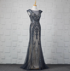 Vintage Gradient Grey-Blue Mermaid Crew Neck Beaded Sequin Tulle Long Formal Prom Dresses