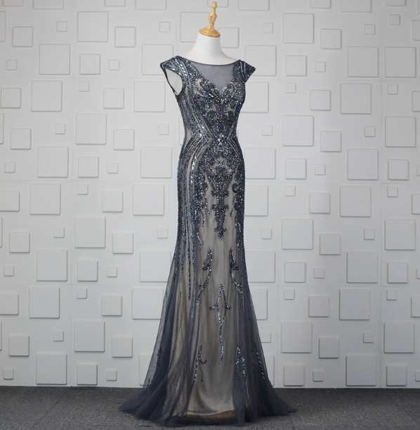 Vintage Gradient Grey-Blue Mermaid Crew Neck Beaded Sequin Tulle Long Formal Prom Dresses