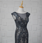 Vintage Gradient Grey-Blue Mermaid Crew Neck Beaded Sequin Tulle Long Formal Prom Dresses