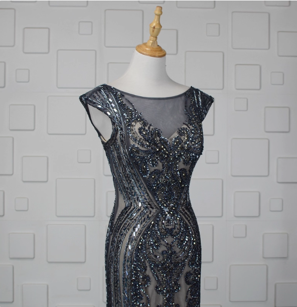 Vintage Gradient Grey-Blue Mermaid Crew Neck Beaded Sequin Tulle Long Formal Prom Dresses