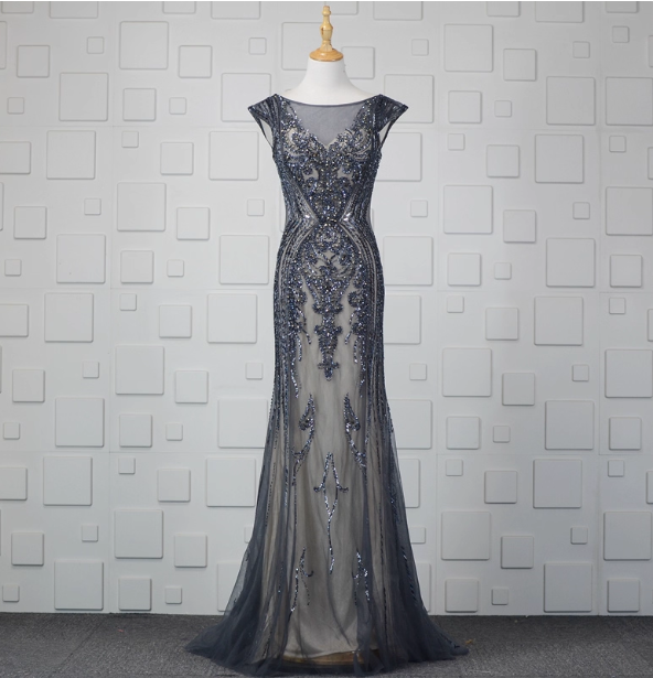 Vintage Gradient Grey-Blue Mermaid Crew Neck Beaded Sequin Tulle Long Formal Prom Dresses Main image