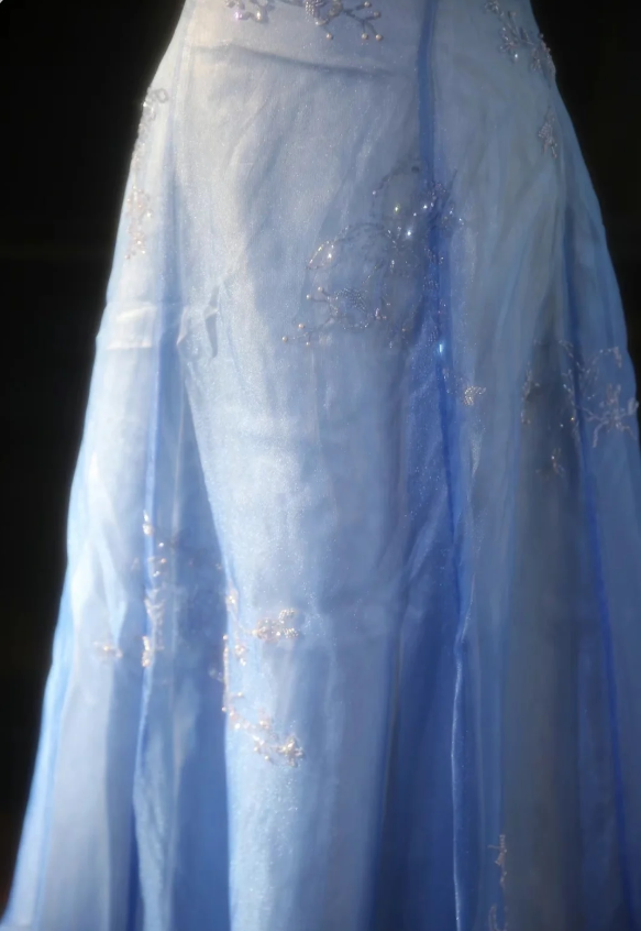 Vintage Gradient Light Blue A-Line Spaghetti Strap Beaded Tulle Long Formal Prom Dresses