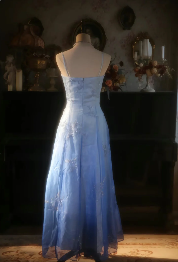 Vintage Gradient Light Blue A-Line Spaghetti Strap Beaded Tulle Long Formal Prom Dresses