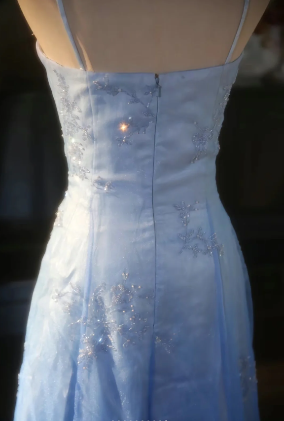 Vintage Gradient Light Blue A-Line Spaghetti Strap Beaded Tulle Long Formal Prom Dresses